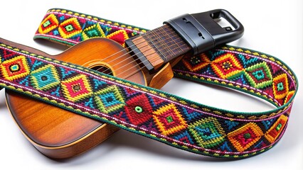 Colorful woven strap with decorative patterns and adjustable buckle securely fastens around shoulder, perfect for musicians to comfortably hold their acoustic or electric guitar.