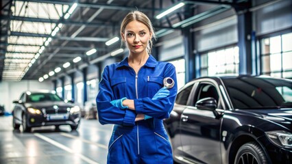 Confident female mechanic in a blue jumpsuit and gloves, holding a wrench, standing in front of a sleek black sports car in a garage.