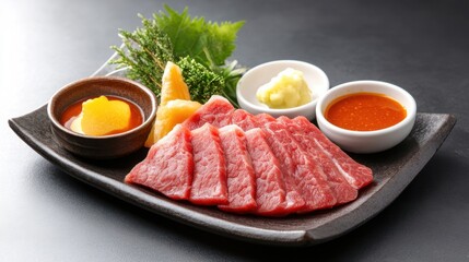 A plate of Japanese Kobe beef, finely marbled, thinly sliced, and lightly seared, served with dipping sauces
