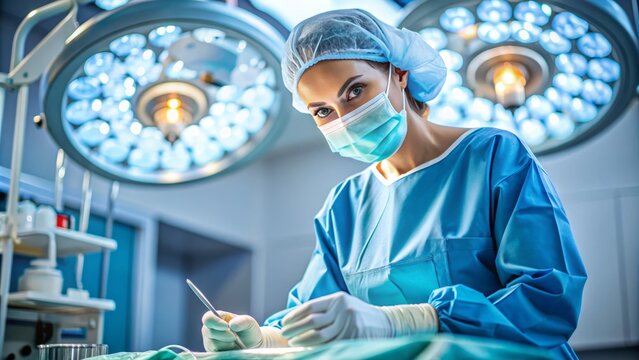 Confident female surgeon wearing scrubs and gloves, skillfully performing a surgical procedure on a patient in a well-equipped operating room.