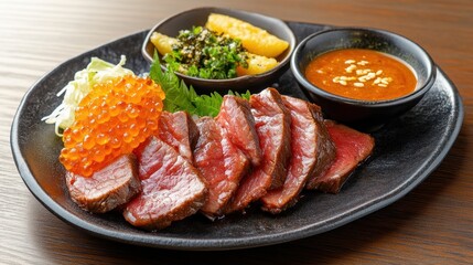 A plate of Japanese Kobe beef, finely marbled, thinly sliced, and lightly seared, served with dipping sauces