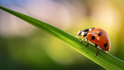 Obraz premium Side view of a ladybug crawling along the edge of a blade of grass, detailed focus on its le