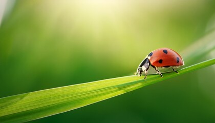 Obraz premium Side view of a ladybug crawling along the edge of a blade of grass, detailed focus on its le