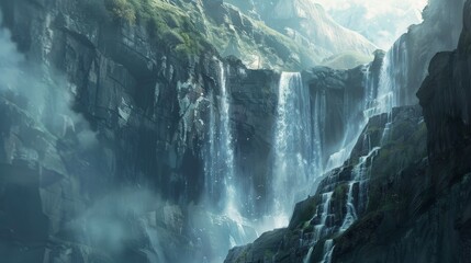 Majestic Waterfall Cascading Down Rocky Cliffs.