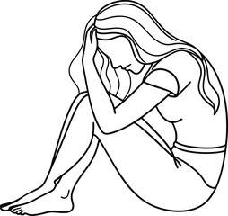 single line drawing of a woman in a sad mood sitting, line art vector illustration design