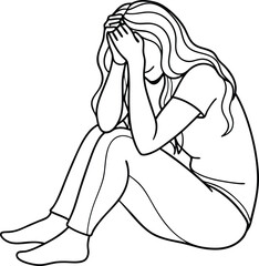 single line drawing of a woman in a sad mood sitting, line art vector illustration design
