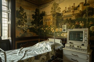 Hospital Bed in a Room with a Mural.