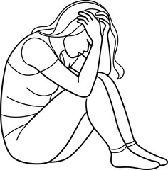 single line drawing of a woman in a sad mood sitting, line art vector illustration design
