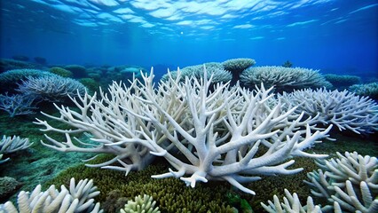 Obraz premium Coral reef bleached white, devoid of life, amidst dark blue waters, symbolizing devastating impact of ocean acidification on marine ecosystems and biodiversity loss.
