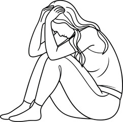 single line drawing of a woman in a sad mood sitting, line art vector illustration design