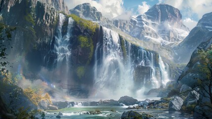 Fototapeta premium Majestic Waterfall in a Mountain Valley.