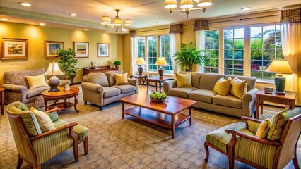 Cozy assisted living room with comfortable furniture, soft lighting, and elegant decor, creating a warm and inviting atmosphere for relaxation and socialization.