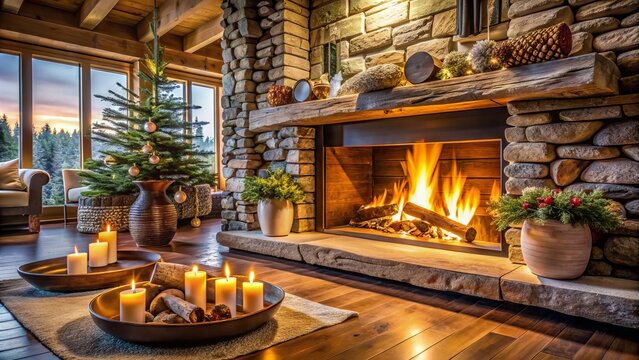 Cozy ambient flames dance atop ceramic logs in a sleek gas fireplace, surrounded by rustic stone and warm wood accents, evoking a sense of winter wonder.