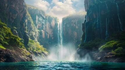 Majestic Waterfall in a Lush Canyon.