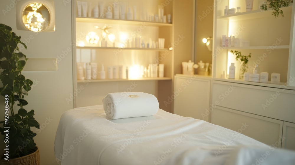 Wall mural beauty clinic treatment room with a massage table, soft white towels, and modern skincare products, 