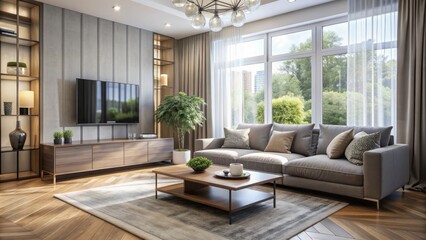 Fototapeta premium Cozy front room with comfortable grey sofa, glass coffee table, and modern TV stand, surrounded by large windows and soft, creamy curtains for relaxation.