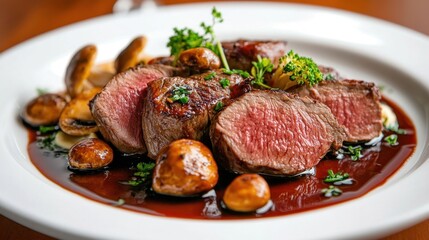 A plate of tender venison loin, perfectly cooked, served with a red wine reduction and wild mushrooms
