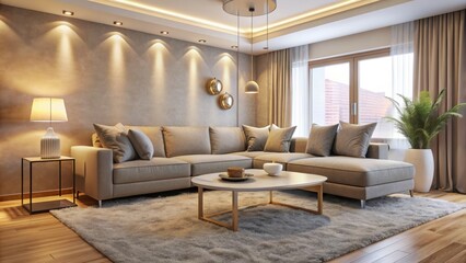 Fototapeta premium Cozy living room with a plush beige carpet, a sleek grey sofa, and a modern coffee table, surrounded by subtle cream-colored walls and soft lighting.