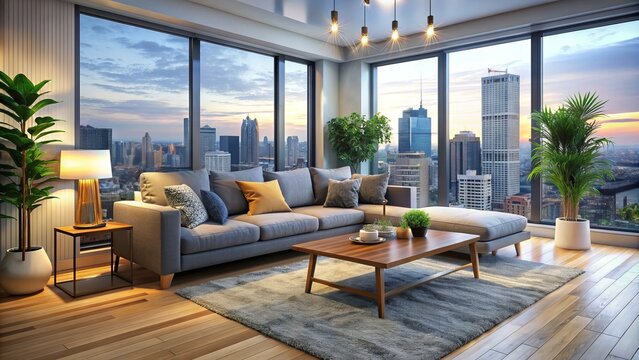 Cozy living room with comfortable couch, rug, and city view, inviting atmosphere perfect for relaxation and socializing with loved ones in a modern apartment.