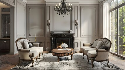 By the fireplace are a sofa and two chairs. French country living room interior design.