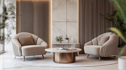 Elegant beauty clinic waiting area with comfortable seating, modern decor, inviting and luxurious ambiance.