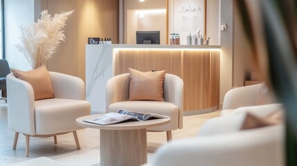 Elegant beauty clinic waiting area with comfortable seating, modern decor, inviting and luxurious ambiance.