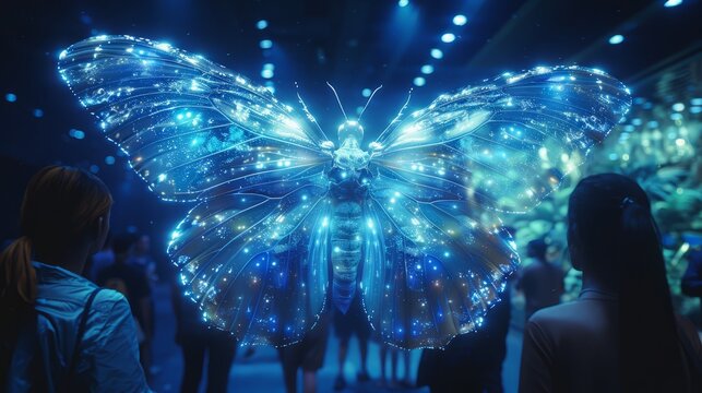 Visitors admire a stunningly bright butterfly with shimmering lights in a vibrant urban exhibition space