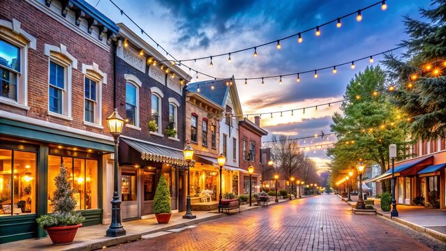 Cozy small town main street scene on a crisp Saturday morning, with boutique shops, cafes, and historic buildings adorned with twinkling string lights.