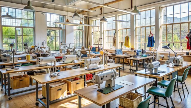 Cozy studio filled with natural light, filled with rows of sewing machines, threads, and fabric scraps, as students learn new skills in a creative atmosphere.