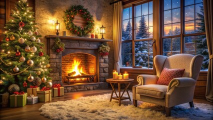 Cozy winter scene featuring a crackling fireplace, plush armchair, and festive decor, evoking warmth and tranquility on a snowy Christmas evening.