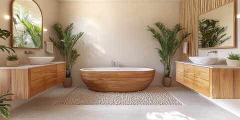 Fototapeta premium A modern bathroom with wooden cabinets, warm lighting, and a freestanding tub.