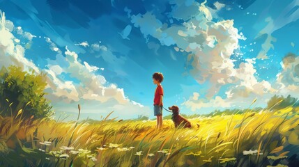 Fototapeta premium A young boy with his dog enjoying a sunny day in a field of tall grass.