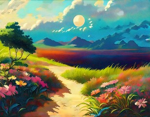 New Landscape mural art design with flowers painting, trend, tropical, natural, plant