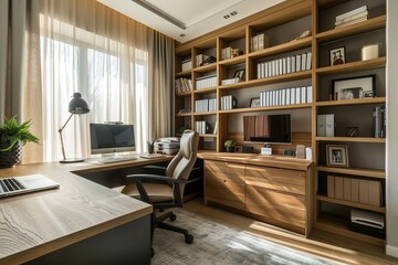 Modern home office with built-in shelves, wooden desk, and sophisticated lighting, offering a warm and productive workspace with natural light
