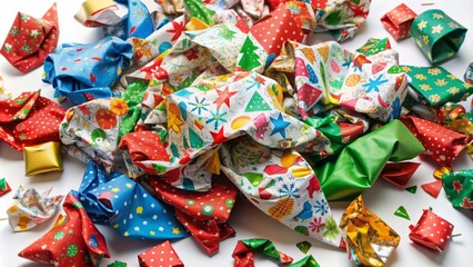 Fototapeta premium Crumpled, torn, and discarded Christmas wrapping paper with bright colors and festive patterns lies scattered on a white background, evoking a sense of post-holiday chaos.