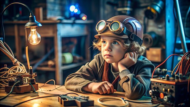 Curious youngster wearing goggles and a thinking cap, surrounded by wires, gadgets, and contraptions, creates innovative invention on a cluttered workbench.