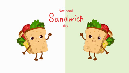 Vector hand drawn illustration of cartoon character cute smiling sandwich with cheese and vegetables isolated on pastel background. National sandwich day. Vector hand drawn doodle cartoon illustration