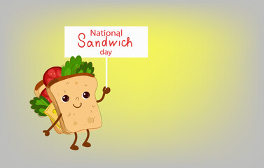 Vector hand drawn illustration of cartoon character cute smiling sandwich with cheese and vegetables isolated on pastel background. National sandwich day. Vector hand drawn doodle cartoon illustration