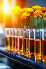 Colorful beverages in glasses showcase vibrant hues, complemented by cheerful flowers, creating a cheerful and inviting atmosphere.