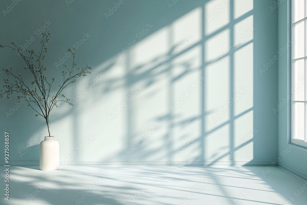 Aufkleber a white vase with a tree in it sits in a room with a large window