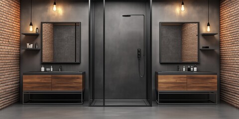 Fototapeta premium A rustic bathroom with wooden cabinets, dark tiles, and warm lighting.