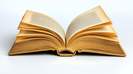 Obraz premium Open book displaying aged, yellowed pages with text isolated on white background