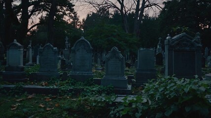 Quiet graveyard at dusk with overgrown tombstones and trees in a serene environment
