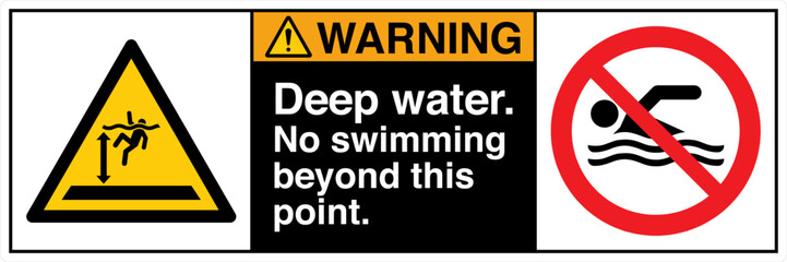 NSI Z535 Safety Sign Marking Label Two Symbol Pictogram Standards Warning Deep Water No Swimming Beyond This Point with text landscape black