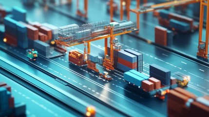 Fototapeta premium A crane lifts a shipping container at a busy port.