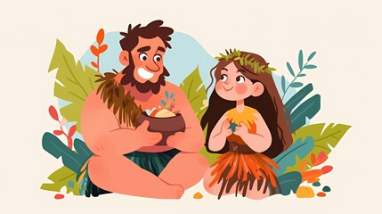 Naklejka premium A cheerful Polynesian father, with a beard and grass skirt, sits holding a bowl of food while smiling happily at his young, long-haired daughter wearing a floral wreath and traditional attire.