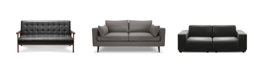 3d realistic vector icon set illustrations. Leather sofas in black and gray color.  gray sofa, couch on a white background.