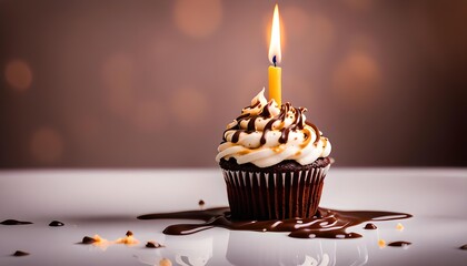 birthday cupcake with candle on chocolate background
