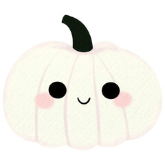 Watercolor illustration of an adorable white pumpkin with a happy face and a soft color palette