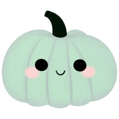 Watercolor illustration of a playful mint green pumpkin with a cheerful face and a whimsical design